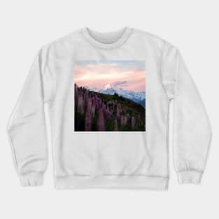 Mountain Mt. Cook with Purple Lupin Flowers During Sunset Crewneck Sweatshirt